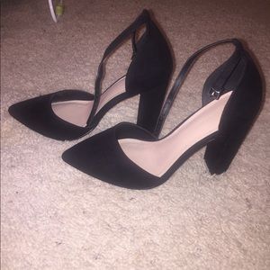 Black Ankle Strap Pointed Toe Block Heels